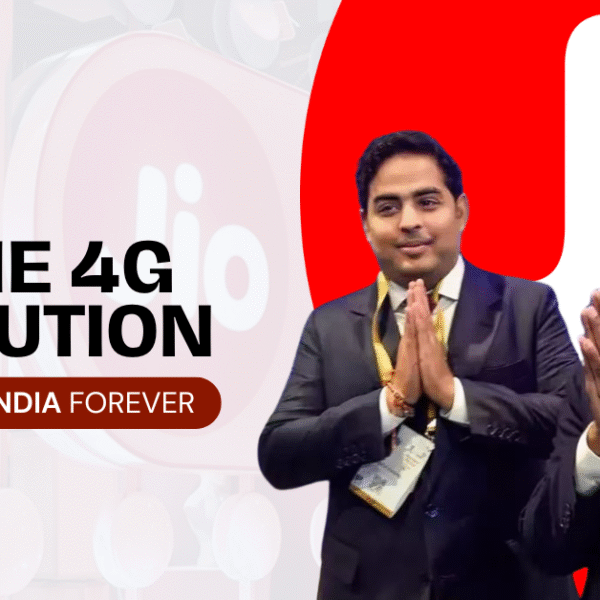 Graphic showing a smartphone with Jio 4G signal, people using high-speed internet for streaming, learning, and communication—symbolizing India’s digital leap.
