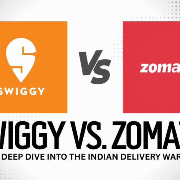 Swiggy and Zomato delivery riders competing in India’s food delivery market, highlighting food, grocery, and quick commerce services.