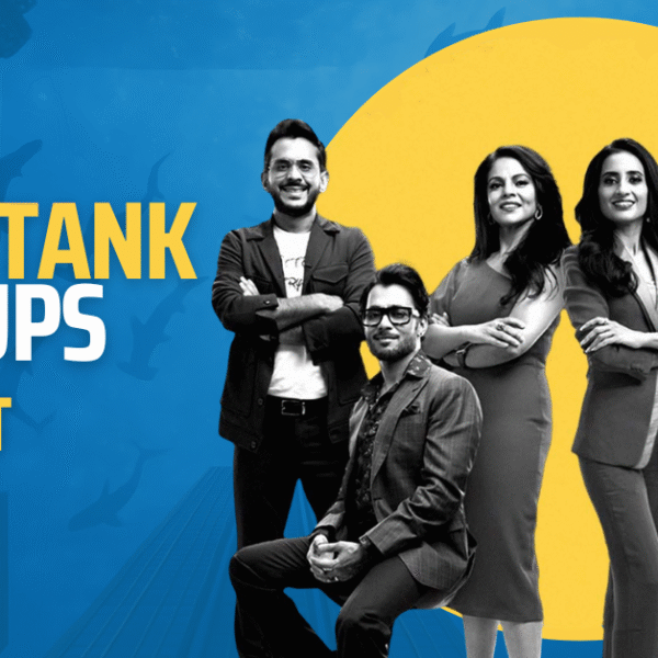 Shark Tank India contestant pitching a startup idea to investors on stage.