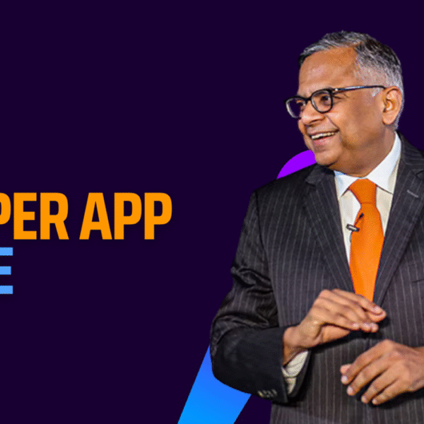 Tata Neu app interface surrounded by icons representing groceries, electronics, travel, banking, and healthcare services in a smartphone, symbolizing a unified super app ecosystem in India.
