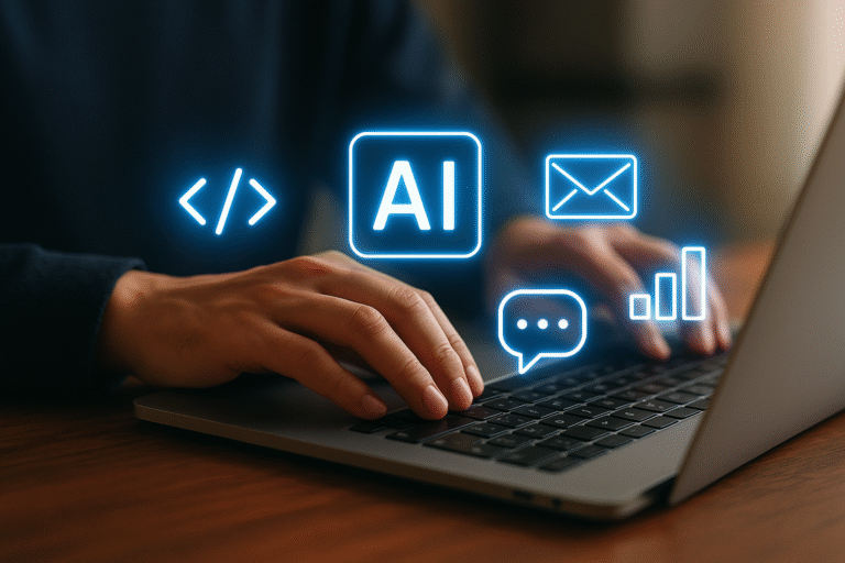 20250926_2031_AI Icons Surrounding Laptop_simple_compose_01k638k1nbfs9sgb1g0anwwepb