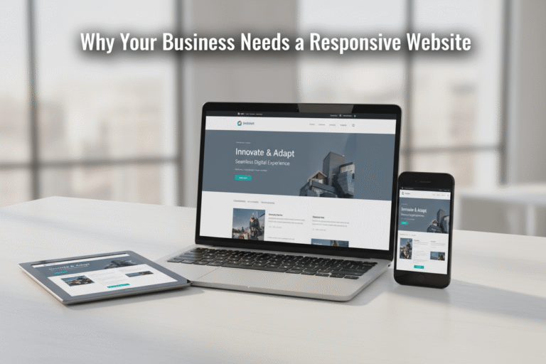 Laptop, tablet, and smartphone showing the same business website layout, representing responsive web design and seamless digital experience across devices. Why Your Business Needs a Responsive Website