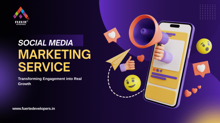 Smartphone with digital marketing icons representing social media marketing service by Fuerte Developers Social Media Marketing Service | Transforming Engagement into Real Growth