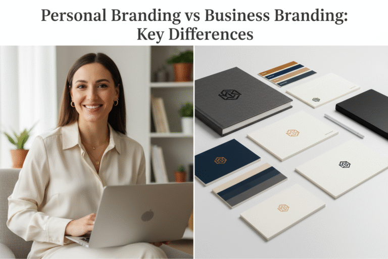 Split image showing a professional woman with a laptop representing personal branding and branded stationery representing business branding. Personal Branding vs Business Branding – Understanding the Key Differences