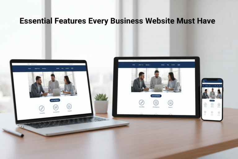 Responsive business website design displayed on laptop, tablet, and smartphone showcasing essential website features for businesses. Essential Features Every Business Website Must Have | Complete Guide