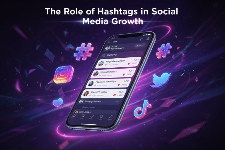 Smartphone showing trending hashtags for Instagram, Twitter, and TikTok, representing social media growth and engagement The Role of Hashtags in Social Media Growth