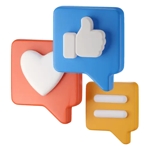 Three 3D social media reaction icons: a blue thumbs-up, a red heart, and a yellow comment bubble with lines, on a checkered background.