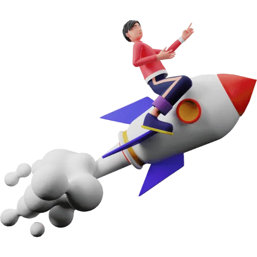 A cartoon character rides a purple rocket with a red nose, pointing upward on a checkered background.