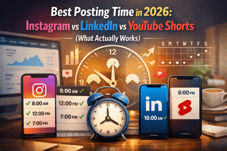Featured image comparing optimal posting times for Instagram, LinkedIn, and YouTube Shorts in 2026, showing a central clock, smartphones with platform logos, and highlighted time slots (8 AM, 12 PM, 7 PM) with analytics visuals in the background. Best Posting Time in 2026 Instagram vs LinkedIn vs YouTube Shorts
