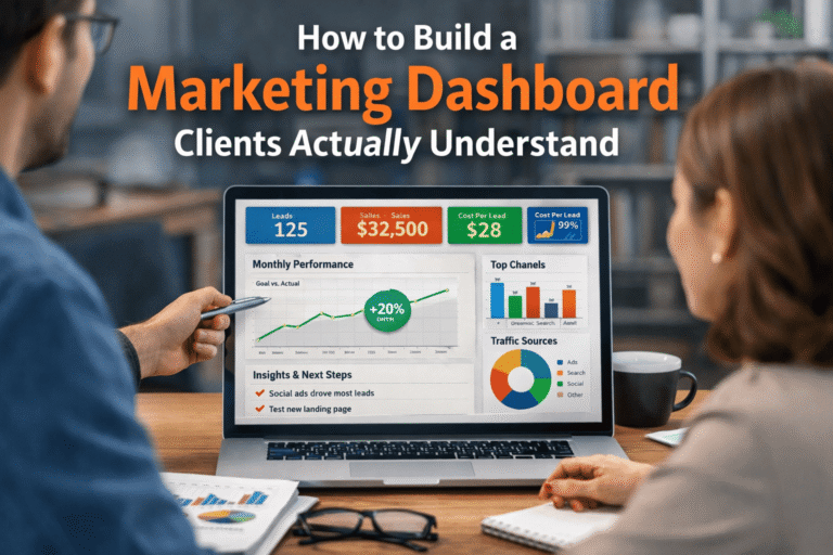 Marketing professional presenting a clear and simple marketing dashboard on a laptop to a client in a modern office, showing leads, sales, cost per lead, and performance charts. How to Build a Marketing Dashboard Clients Actually Understand (1)