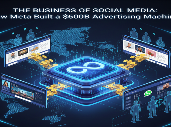 Illustration showing Meta’s social media platforms turning user attention into a $600B advertising machine through data, ads, and global reach