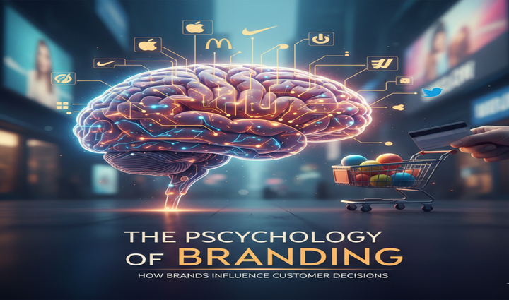 a glowing human brain connected to brand icons, symbolizing how branding psychology influences customer buying decisions. psychology_of_branding