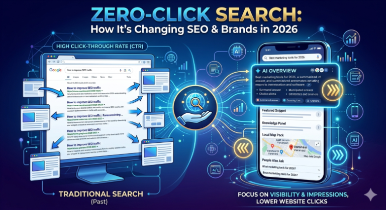 An infographic comparing traditional high-CTR search to the 2026 zero-click landscape dominated by AI overviews and instant answers. Zero Click Search