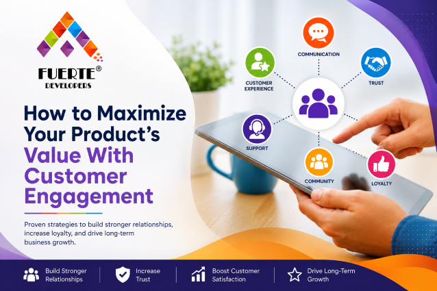 Alt Text: Corporate banner showing customer engagement, trust, communication, and business growth with Fuerte Developers branding. How to Maximize Your Product’s Value With Customer Engagement