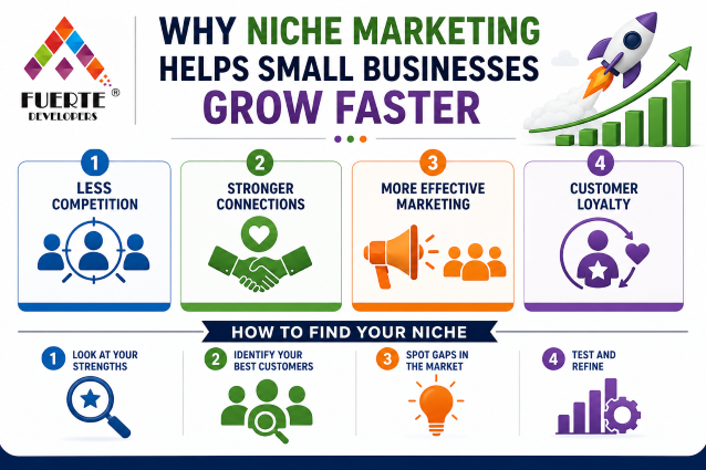 Infographic explaining why niche marketing helps small businesses grow faster with benefits like less competition, stronger customer connections, effective marketing, and customer loyalty Niche Marketing Helps Small Businesses Grow Faster