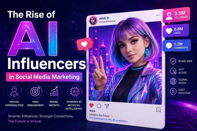 Futuristic digital marketing illustration featuring an AI-generated virtual influencer inside a social media post frame, surrounded by engagement metrics, follower counts, and AI technology elements. The design highlights the rise of AI influencers in social media marketing with neon purple and blue tones, representing innovation, audience engagement, and the future of digital branding. Rise of AI Influencers