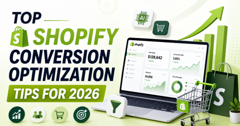 A modern blog banner about Shopify conversion optimization featuring a green and white theme, bold headline text “Top Shopify Conversion Optimization Tips for 2026,” a laptop displaying an ecommerce analytics dashboard, AI and shopping icons, an upward growth graph, and shopping cart visuals representing increased online sales and performance. Top Shopify Conversion Optimization Tips for 2026